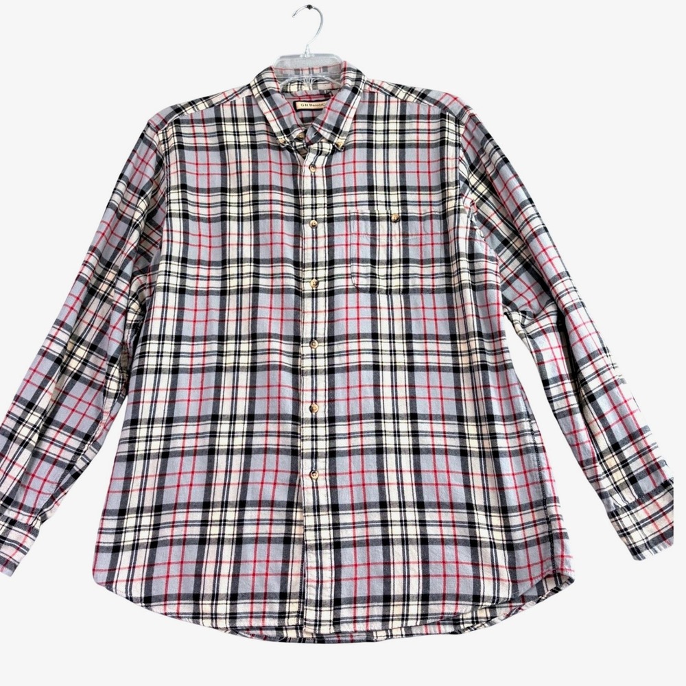 GH Bass & Co Mens‎ L Plaid Gray Black Flannel Button Up Shirt Long Sleeve Casual
